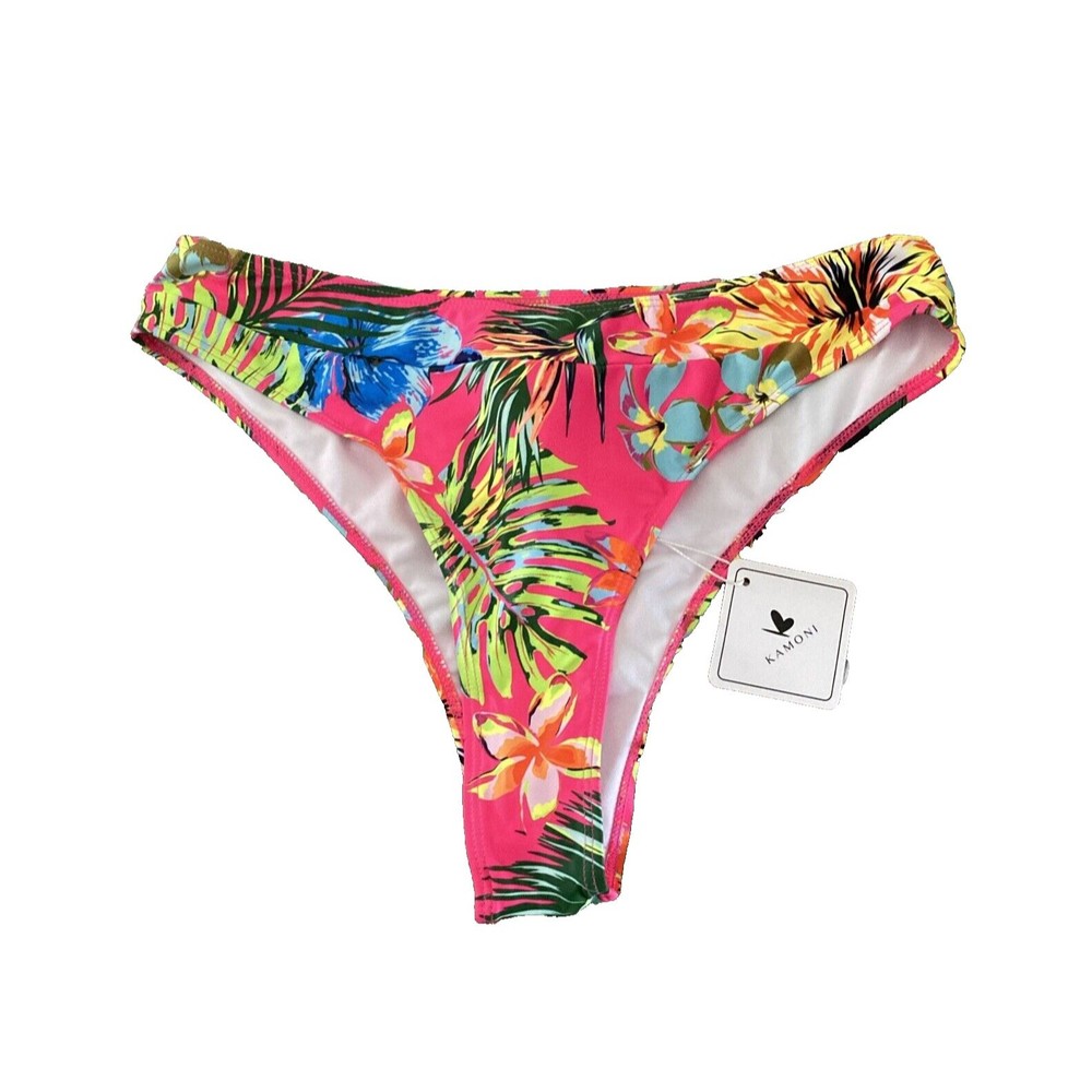 Kamoni Women's High-Cut Bikini Swim Bottoms Size Large Pink Tropical Floral NWT